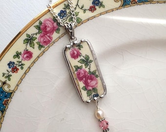 Broken china jewelry - pendant necklace - antique Victorian - pink roses on vine - Swarovski crystals
