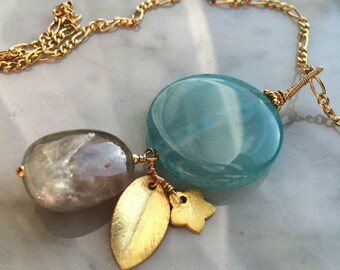 Sapphire and Blue Agate pendant with 14k Goldfill chain