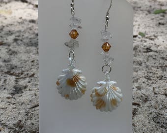 White Glass Scallop Seashell Earrings