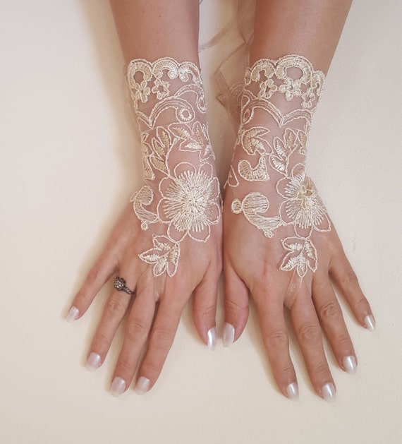 cappuccino, lace bridal gloves, honey, wedding glove, rustic, wrist cuffs, prom dress accessories, bellydance, Bachelorette party bridesmaid