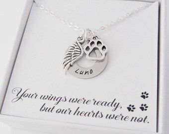 Dog Memorial Name Necklace - Custom Name Pendant - Pet Sympathy Gifts - Personalized Handstamped Name - Dog Paw Charm - Angel Wing Charm