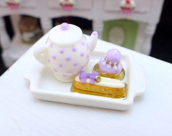 MTO-Tea Tray Set with French Pastries - Violet - 12th Scale Miniature Food