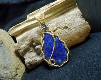 Royal Blue Lapis Lazuli Wire Wrapped Stone Brass Pendant