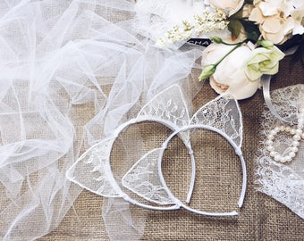 Cat ears Lace Veil, White cat ears, Cat Ears, Ears Headband, Bridesmaid tiara, Ears with veil, Bachelorette tiara, Lace veil, Cat Costume