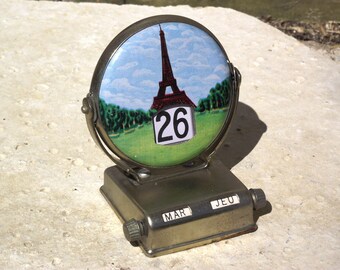 French Vintage perpetual desk calendar, souvenir of Paris, retro office decor, Eiffel tower, moulin rouge , mid century .