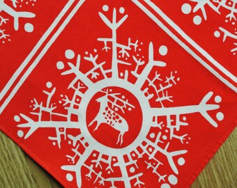 Swedish retro vintage 1970s printed cotton tabelcloth with white Christmas snowflake/ reindeer decor motives on red bottomcolor