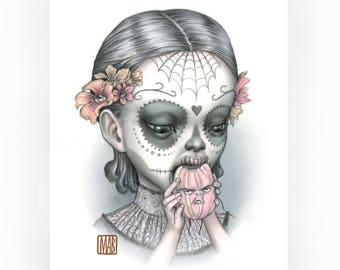 Dia Girl Print - Just One Bite - Calaveras signed 8x10 Pop Surrealism Fine Art Print - by Mab Graves