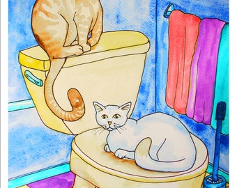 Downloadable Print, Cats in the bathroom, Color Pencils