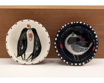 Set of Birds - Ceramic Bowl Set - Original Painting by Jenny Mendes in two Hand Pinched Ceramic Finger Bowls