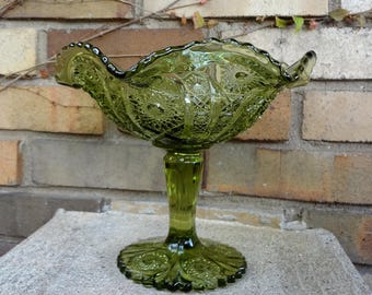 Green Pressed Glass Pedestal Candy Dish