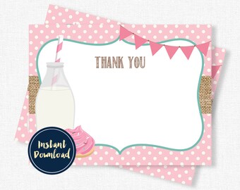 Milk and Cookies Thank You Cards, Cookie Thank You Notes, Birthday Thank You, Girl Thank You Cards, Printable INSTANT DOWNLOAD
