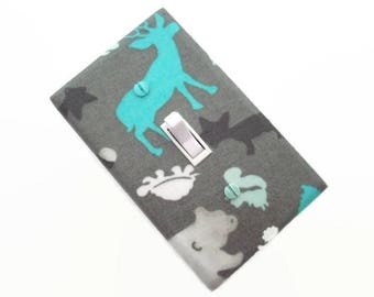 Deer Light Switch Cover - Woodland Switch Plate Cover - Gender Neutral Nursery - Grey Aqua Animal Nursery - Deer Bear Squirrel Turtle