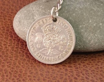 1947 King George VI British Two Shillings Coin Keyring, English Coin Keychain. British Coin Key Ring