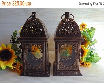 ON SALE Set of 2 Vintage Lantern, Rustic Lighting, Antique Brass Lantern, Moroccan Lantern, Candle Holder, Home Decor