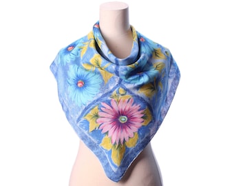 Daisy Silk Scarf 80s Beautiful Blue Neck Scarf PINK DAISY Printed Bold Flowers Print Formal Secretary Hand Rolled Vivid Shawl Gift
