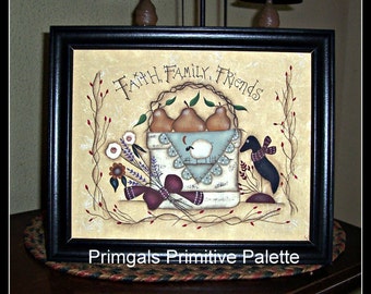 Primitive Pear Basket Framed Picture Crow Flower Canvas Handpainted Home Decor Decoration