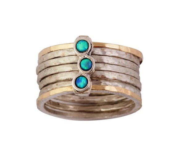 Blue opals silver and gold stacking rings
