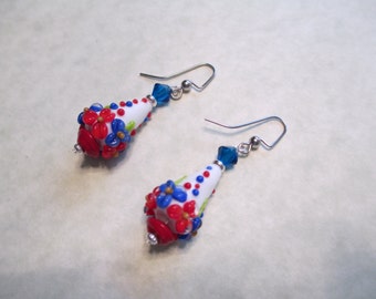 Patriotic Red, White and Blue Cone Lampwork Pierced Earrings