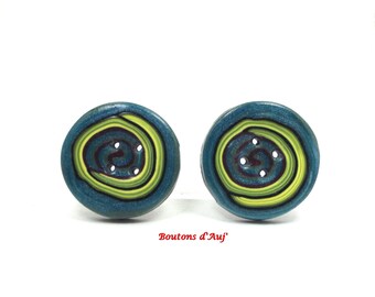 2 sewing buttons. 2 buttons round fantasy 3 cm: teal and lime green.