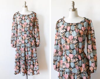 70s black floral dress, vintage 1980s dress, floral print boho dress, bohemian long sleeve, large l