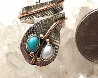 Turquoise and Pearl Ring, Size 7