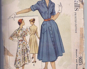 Vintage McCalls Sewing Pattern 9025 from 1950's Misses Dress, Fitted Bodice, Full Skirt. Retro Bust 34