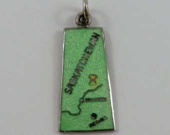 Map of Saskatchewan With Green Enamel Sterling Silver Vintage Charm For Bracelet