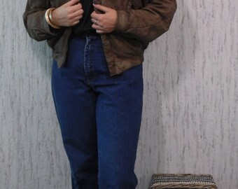 Vintage Leather Bomber Jacket with Zippered Sleeves