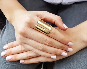 Gold long ring, Chunky ring, Open ring, Large ring, Cuff ring gold, Adjustable ring, Big ring, Statement ring, Boho ring, Geometric ring