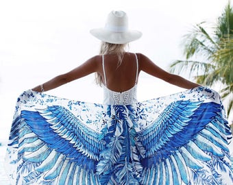Blue Silk Scarf, Wings Shawl, Gift for Her, Long Scarf, Wrap Scarf, Engagement Gift, Oversized Scarf, Women Shawl, Silk Sarong