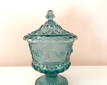 Vintage Blue Glass Lidded Pedestal Candy Dish