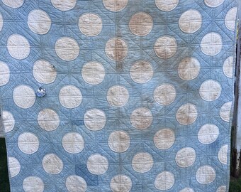 Vintage Hand Quilted Blue & Cream Snowball Cutter Quilt