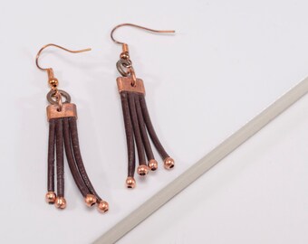 Leather and Copper Fringe Earrings