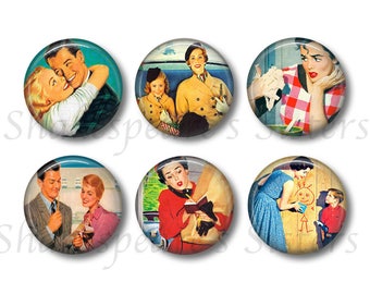 Retro Style 1950s Marital Bliss Magnets - Six 1.5 Inch Funny Refigerator Magnets - 50's Marriage Americana