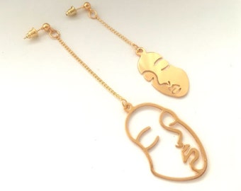 Picasso Asymmetrical Earrings, Gold Mismatched Earrings, Art Deco Style, Modern Boho Drop Earrings, Mis Matched Earrings