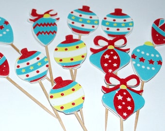 Set of 12 cupcake toppers / food picks desert picks christmas baubles padded foam