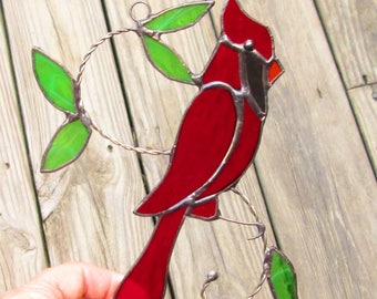 Stained Glass Suncatcher, Red Cardinal on Wire with Leaves