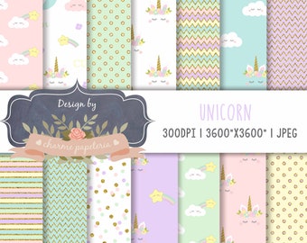 Unicorn digital paper, planner Gold Glitter Unicorn, Magical Unicorn papers, pastel papers, Rainbow digital paper, Unicorn sleepy, planner