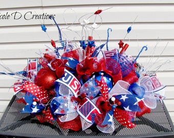 4th of July Centerpiece -Patriotic Centerpiece- Deco Mesh Centerpiece- Summer Centerpiece