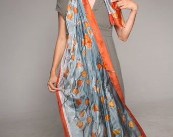 Hand painted silk scarf- Winter Cherry Tangerine orange gray shawl Designer scarf Unique handmade scarves Weddings accessories Gift for her