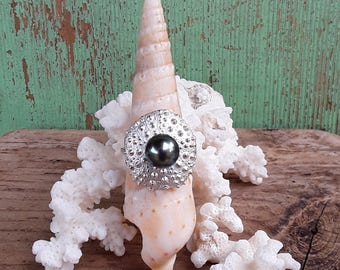 Tahitian pearl sterling silver sea urchin ring,beachy,hawaii made,boho,unique,women