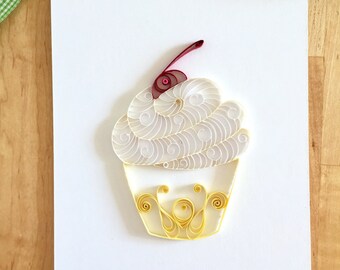 Yellow and White Cupcake Home Decor, Yellow Kitchen Decor, Quilling Paper Cupcake Food Art, Gifts for Bakers, Bakery Decor, Lemon Cupcake