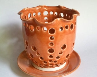 Persimmon Orange Pottery Orchid Flower Pot with Air Vents and a Drip Saucer - Make Your Orchid Happy!