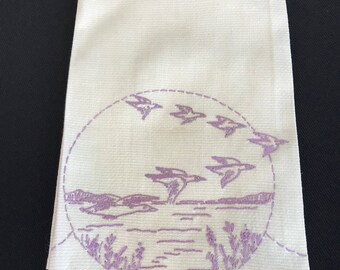Vintage White Huck Kitchen Towel with Hand Embroidery Purple Birds