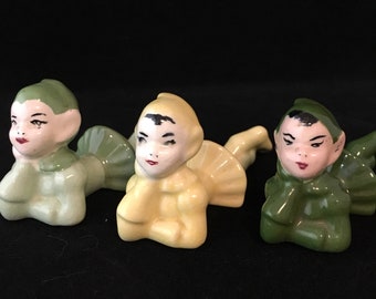Set of 3 Vintage Laying Down Posing Ceramic Pixie Elves Figurines Mid Century Modern Unmarked