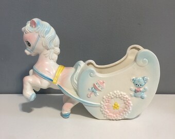 Vintage Ceramic Nursery Planter Kitsch Pony Horse Baby's Room Vase Ceramic Nursery Planter Pottery for Baby Kitsch Cute Pink Blue Pony
