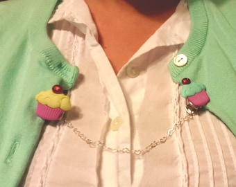 Cupcakes & Cherries Cardigan Sweater Clip with heart Chain