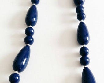Vintage Navy Teardrop Bead Necklace With Silver Bead Dividers Costume 1980s