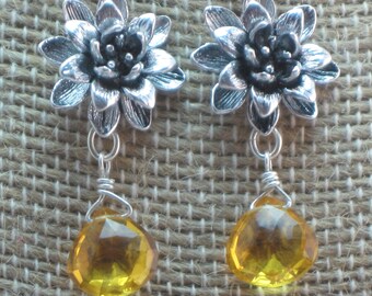 Citrine Gemstone Briolette Dahlia Drop Earrings