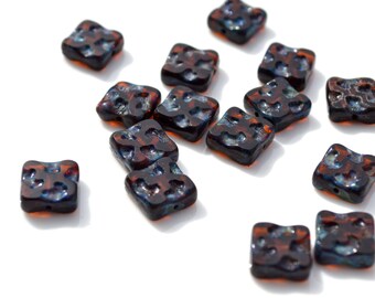 Dark AMber Pebbled Square Czech GLass Beads 8